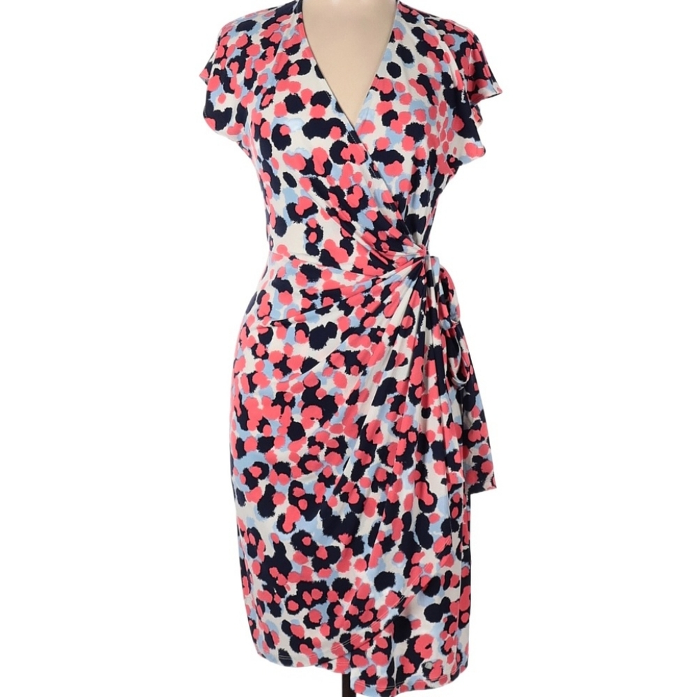 MAGGY LONDON Wrap Dress Pink & Blue Abstract Pattern Flutter Sleeves Sz 10 EUC